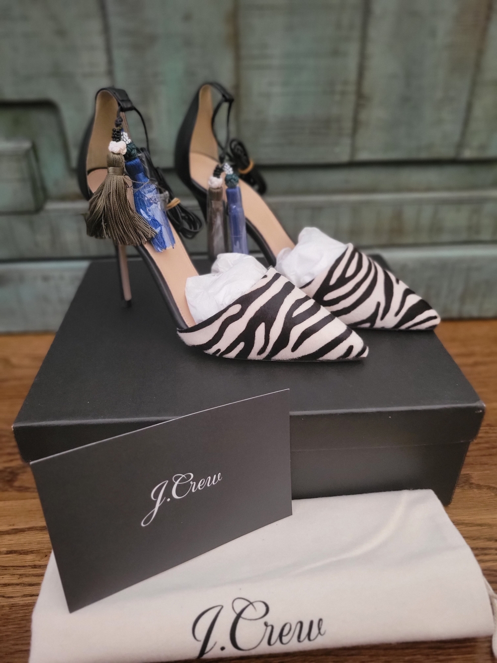 J. Crew Zebra-Print Pointed Toe Ankle-Strap Pumps in Black & White